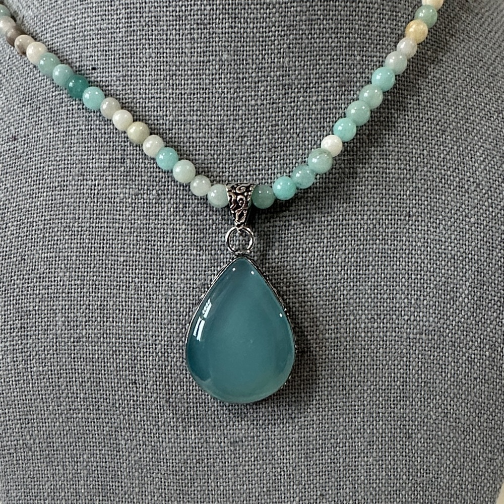Green Chalcedony Silver Plated and Mixed Genuine Gemstone Beaded Necklace